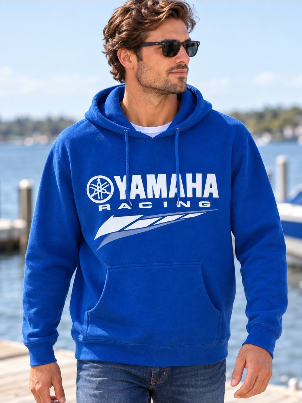 Yamaha Racing YZF Hoodie Men's L Royal Blue Motorcycle Motocross Pullover #254